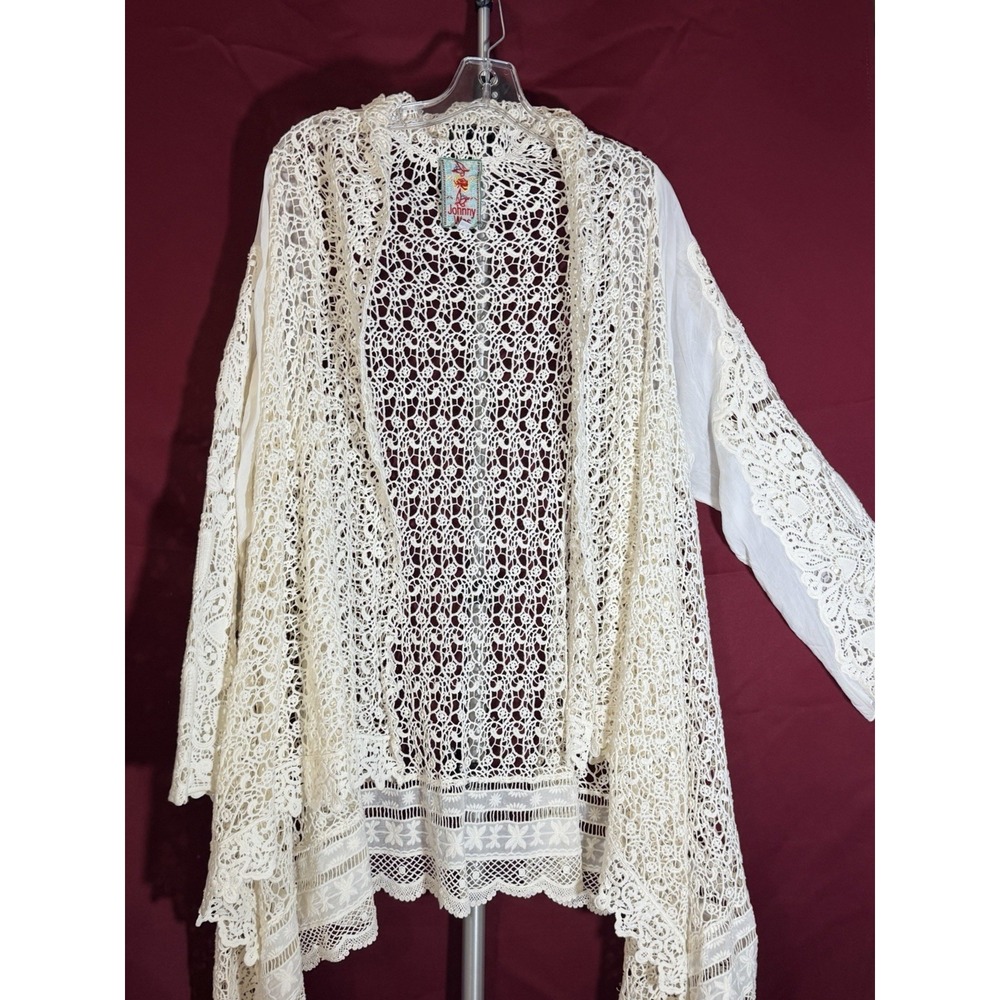 Johnny Was Ivory Crotchet and Silk Lace Open Front Cardigan Wrap Small (A3234)